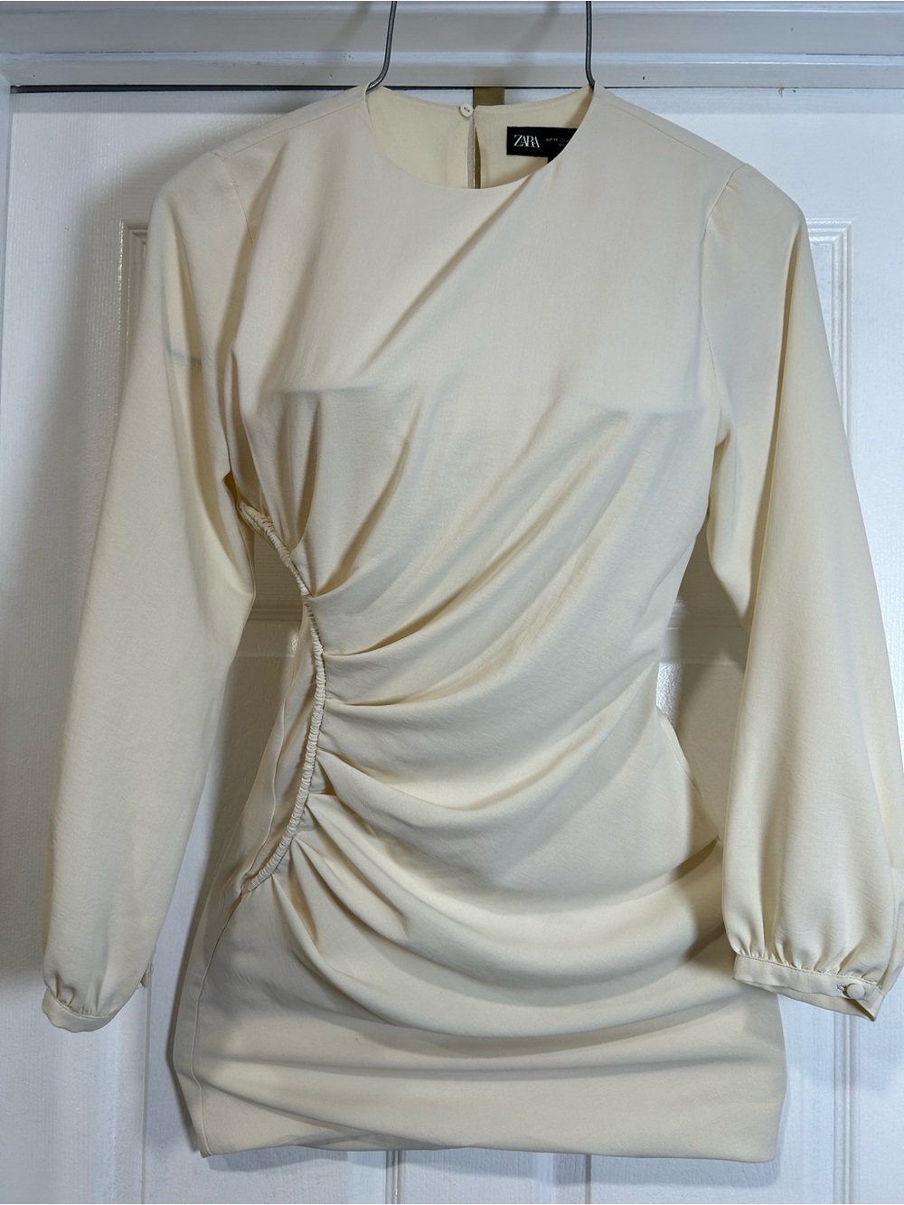 Zara Ivory Ruched Long-Sleeve Mini Dress